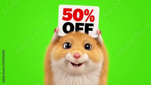 Adorable hamster excitedly holding fifty percent off sale sign video