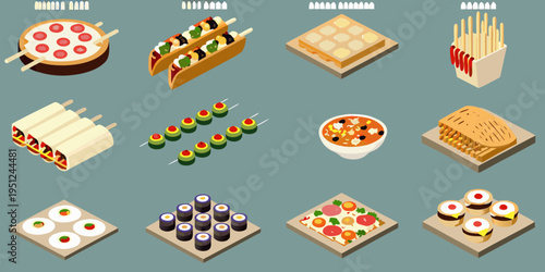 Isometric illustration of various fast food items arranged on a teal background