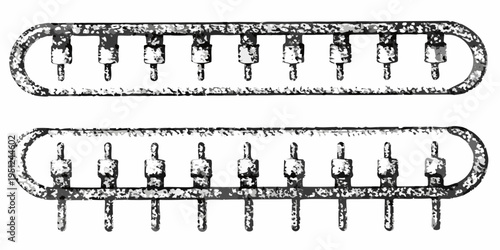 Two rows of vintage railway track components isolated on white