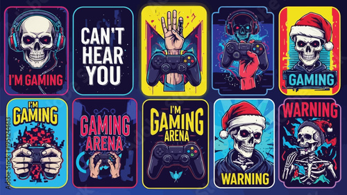 Colorful gaming themed illustrations featuring skulls controllers and playful text designs
