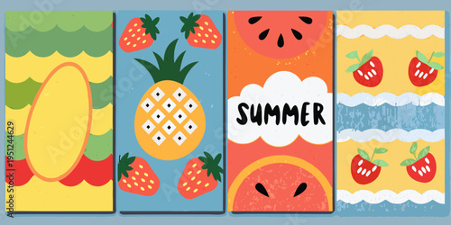 Colorful summer fruits and patterns arranged in vertical rectangular panels
