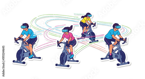 Group of people cycling exercise bikes in fitness class