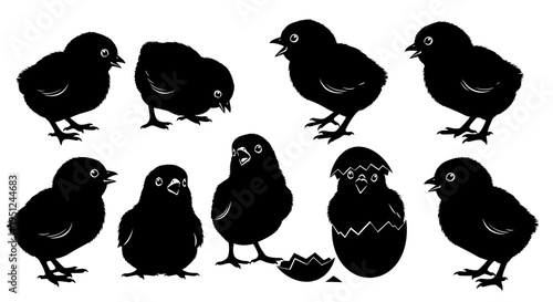 Easter Set of 9 black chick icons vector isolated on White Background vector