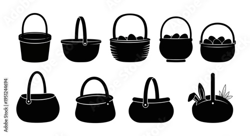 Easter Set of 9 black basket icons vector isolated on White Background vector