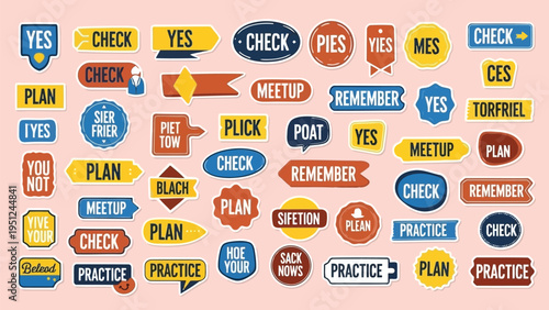 Colorful sticker assortment featuring positive affirmations checklists and various action words