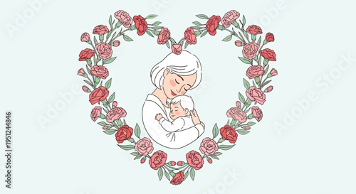 Mother's Day Illustration of Mother Cuddling Newborn Baby Inside a Heart-Shaped Floral Wreath of Pink Carnations, Maternal Love and Parenting Concept