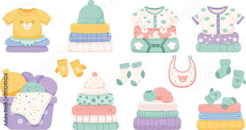 Baby Clothes and Accessories Collection with Bodysuits, Hats, Bibs and Socks, Cute Pastel Infant Apparel Set for Nursery, Laundry and Kids Fashion Design