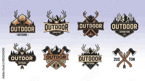 Collection of vintage outdoor adventure badges and emblem designs with nature elements