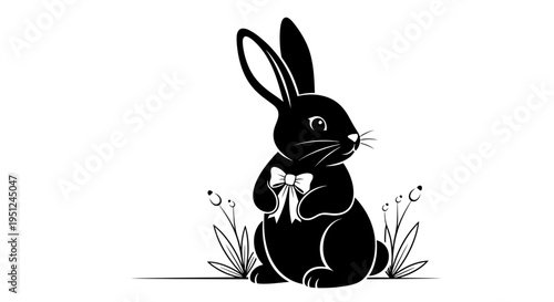 Vector black bunny icon with bow tie and flowers