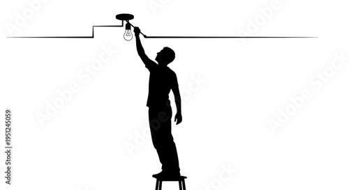 Man changing light bulb on ladder.