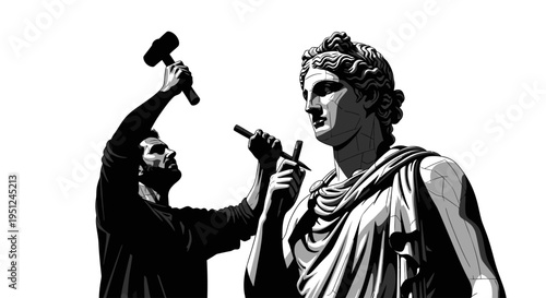 Man hitting statue with hammer.