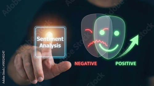 Hand pressing sentiment analysis button with negative and positive emoji feedback on digital screen