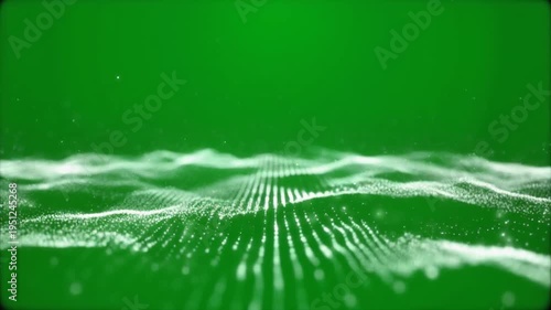 Abstract digital wave particle effect on a vibrant green screen background, ideal for technology or futuristic themes.