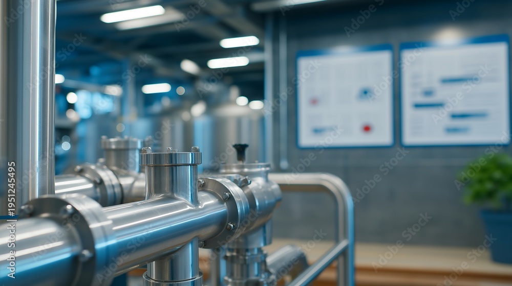 Fototapeta premium Stainless steel piping directs liquid ingredients into mixing vessel in dairy processing plant, sanitation protocols visible on wall charts beside control panel, perfect for food manufacturing