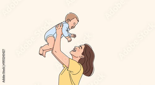 Happy Young Mother Lifting Her Smiling Baby High in the Air, Minimalist Line Art Illustration of Motherhood, Family Bonding, and Joyful Parenting