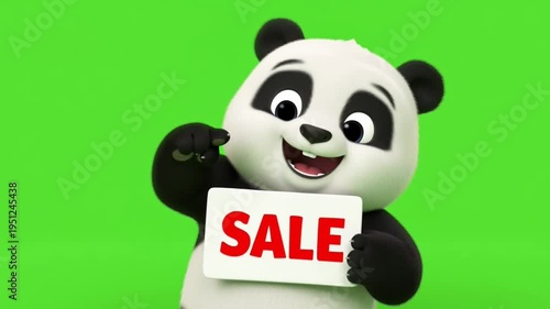 Smiling panda bear holding a sale sign and pointing at the camera