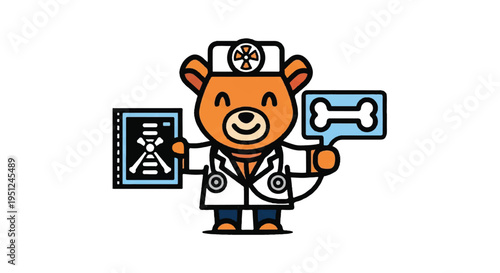 Cartoon bear veterinarian examining x rays for healthcare illustration