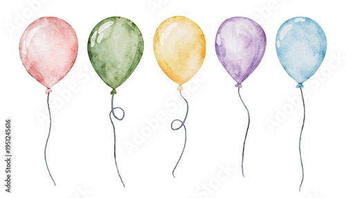 Set of Colorful Air Balloons. Hand drawn Watercolor illustration with multicolored round Ballons for birthday party