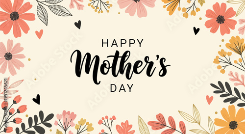 Happy Mother's Day Greeting Card with Floral Frame and Botanical Elements