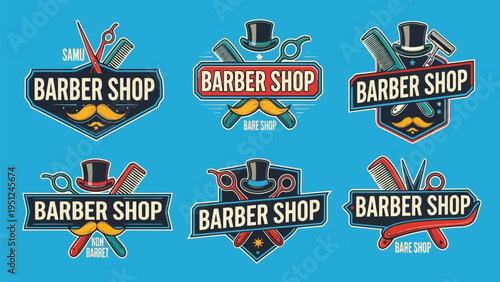 Vintage barber shop logos with classic tools and mustache designs