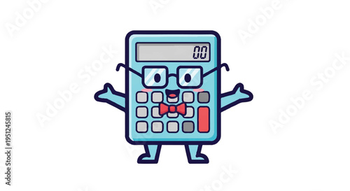 Cartoon calculator character with glasses and bowtie on white