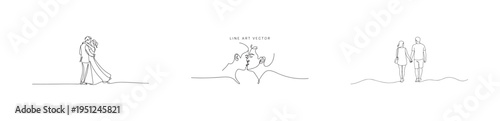 One line art collection of wedding couple dancing kissing and walking together romantic sketches