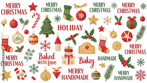 Festive christmas illustrations with ornaments stockings and holiday themed decorations