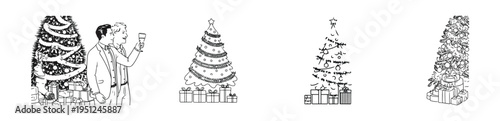 Two gay men celebrating christmas near decorated tree with gifts winter holidays new year line art