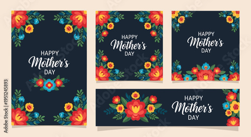 Happy Mother's Day Greeting Card and Banner Set with Colorful Folk Art Floral Patterns