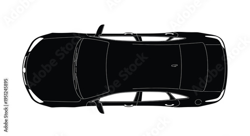 A stark black and white silhouette depicts a modern sedan viewed directly from an overhead perspective high quality professional detailed elegant