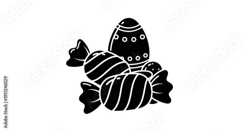 Set of 3 black and white Easter candies and egg vector icons