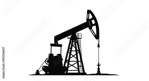 A stark silhouette of a functioning oil pump commonly known as a nodding donkey against a plain white background
