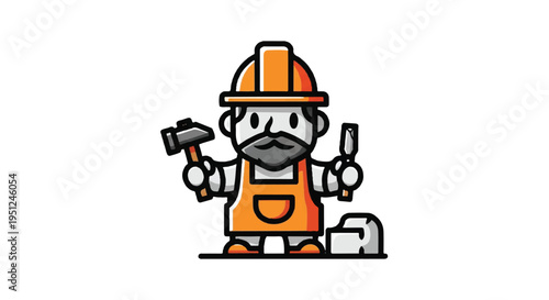 Cartoon carpenter with tools and protective gear illustration
