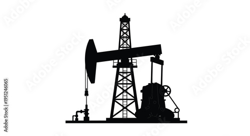 A stark silhouette depicts an oil pump rig against a bright white background showcasing industrial energy extraction high quality