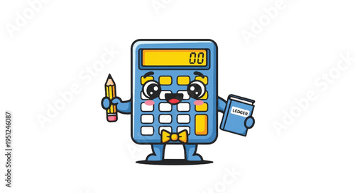 Cartoon calculator with pencil and notebook illustration