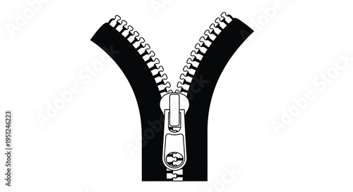A stark grayscale illustration depicts a partially open zipper showcasing its metallic teeth and slider high quality professional detailed