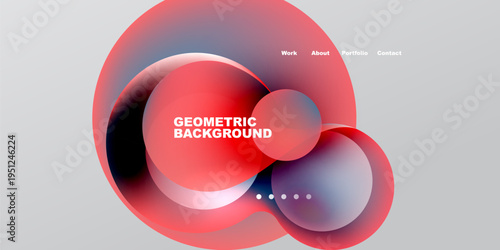 Abstract red shapes overlap black background. Minimalist design features text, navigation elements. Modern aesthetic, vibrant colors present.