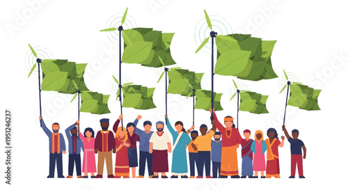 Diverse group of people holding green flags with wind turbines
