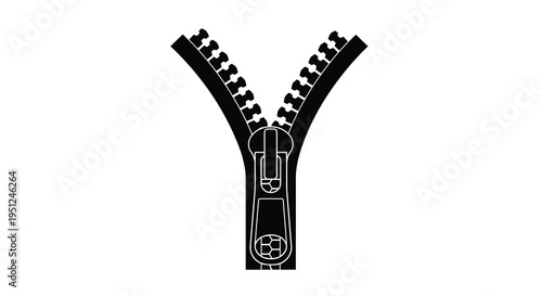 A stark black and white illustration depicts a fully opened zipper showcasing its teeth and slider high quality professional detailed modern
