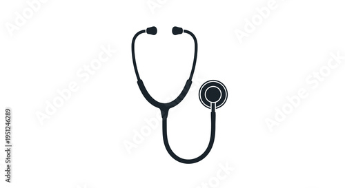 A minimalist black silhouette of a medical stethoscope is displayed against a clean bright white background symbolizing healthcare