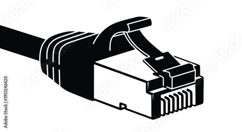 A detailed black and white illustration depicts a rj45 ethernet cable connector essential for network connectivity and data transmission