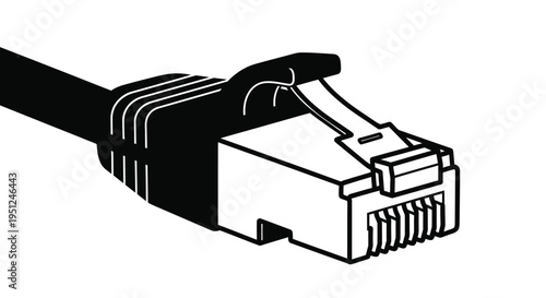A detailed black and white illustration showcases an rj45 ethernet cable connector highlighting its plastic housing and metallic contacts high quality