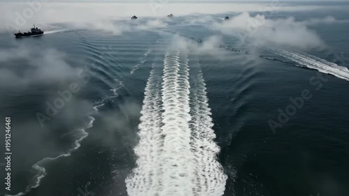 Multiple boats navigating through foggy waters, leaving distinct wake patterns behind them, showcasing a dynamic maritime scene on a calm sea