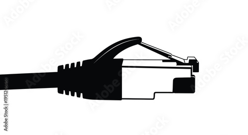 A stark black and white silhouette depicts an rj45 ethernet cable connector showcasing modern connectivity technology and data transfer high quality