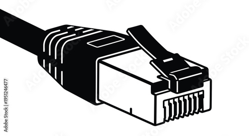 A black and white illustration depicts a close up view of an rj45 ethernet cable connector showing its plastic housing and metal contacts