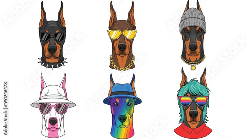 Stylish doberman portraits dogs wearing fashionable accessories and colorful designs