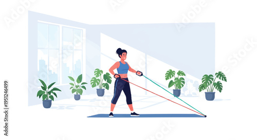Woman exercising with resistance band in modern gym interior