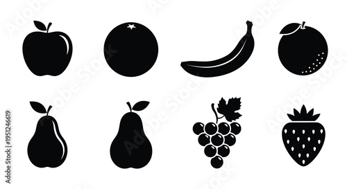 A collection of black silhouette fruit icons displays an apple orange banana and several other varieties high quality professional