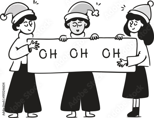 Three cute cartoon characters wearing santa hats holding a banner with the text oh oh oh written