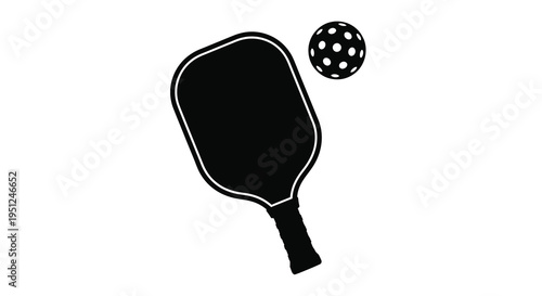 A simple black and white graphic depicts a paddle and ball commonly used for playing the sport of pickleball
